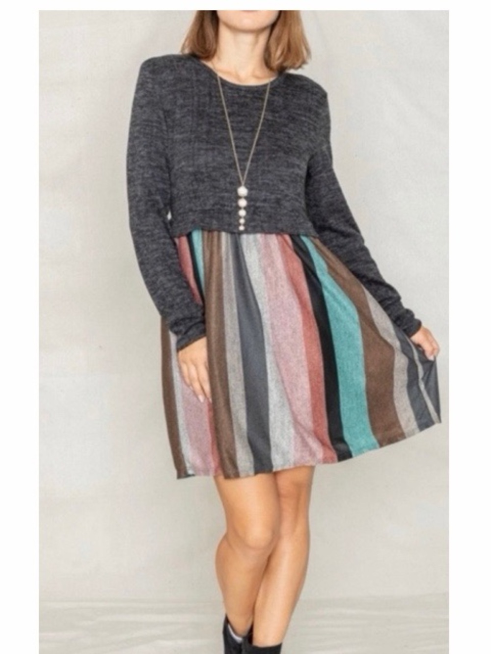 Egs By Eloges Charcoal And Pink Mint Multi Stripe Pullover Dress
